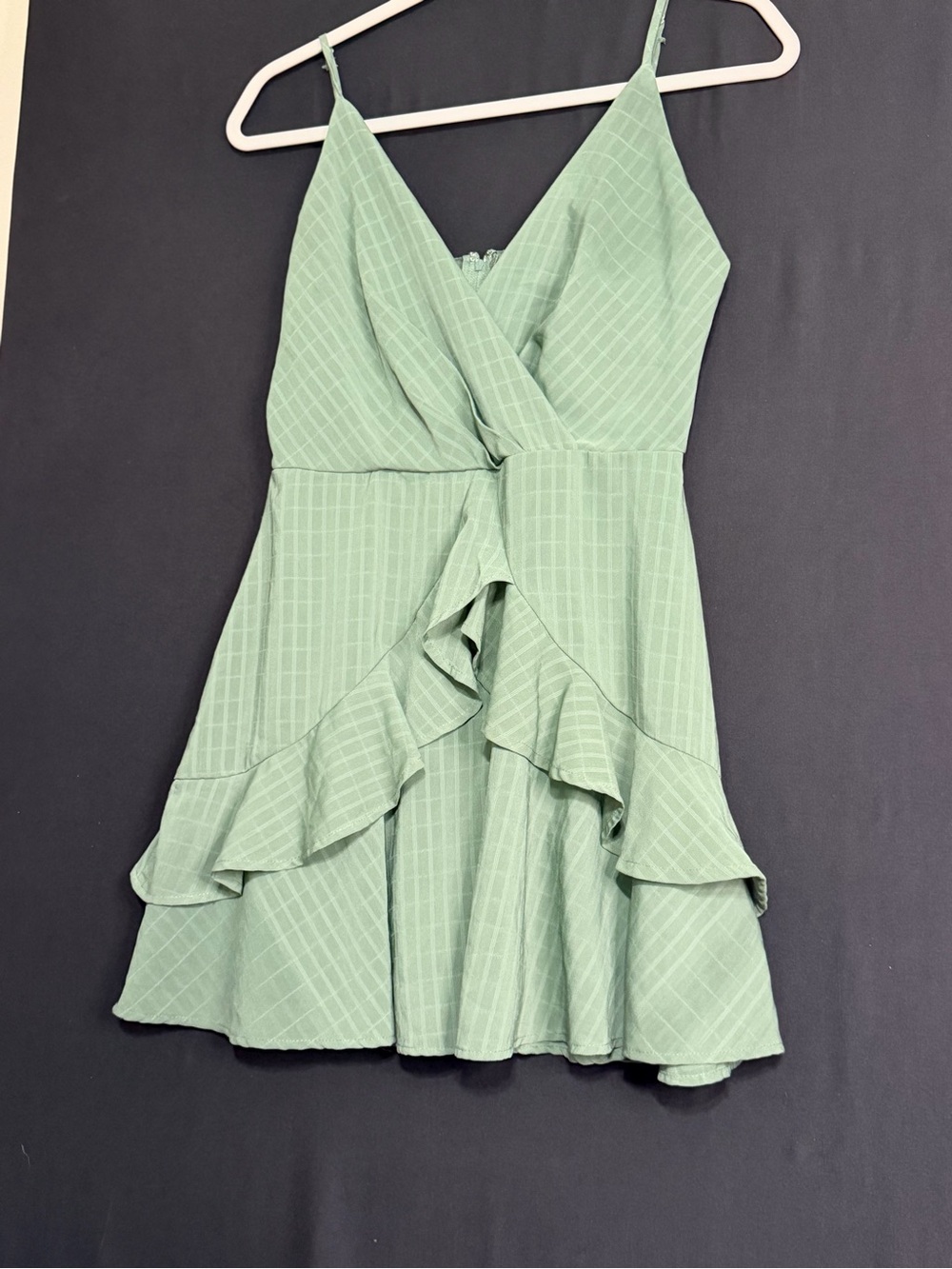 Trixxi Mint Green Ruffle Faux Wrap Mini Dress monochrome plaid ruffles VNeck